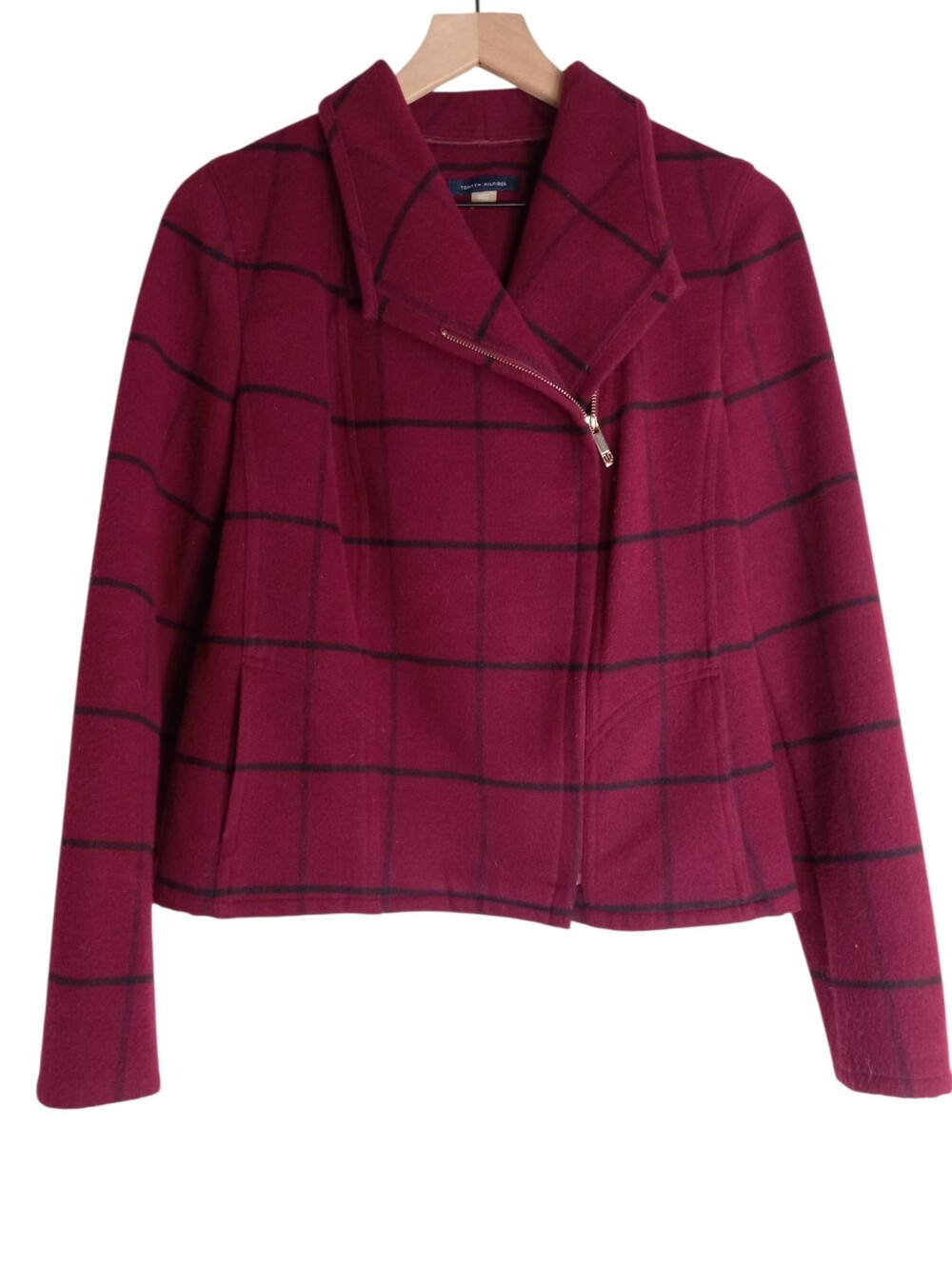 Tommy Hilfiger Burgundy Preppy  Windowpane Zip-Front Blazer